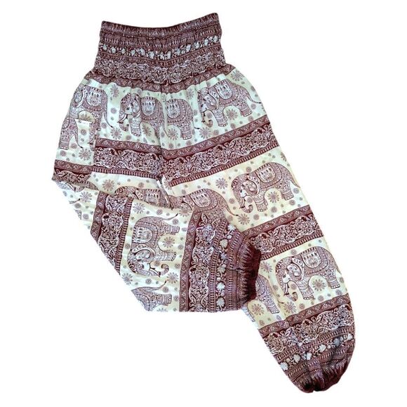 Thai Elephant Tribal Print Smock Waist Rayon Harem Pants *Fits Like Med/ Lrg - Picture 2 of 14